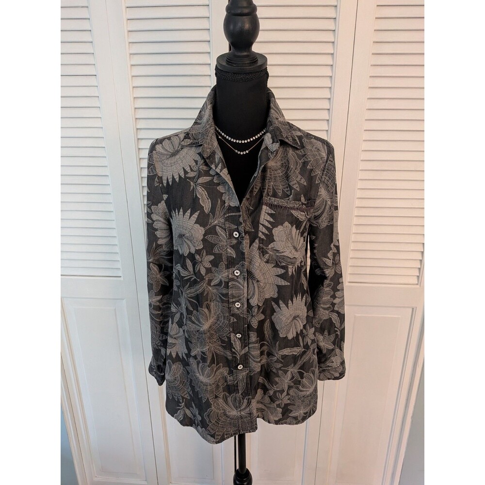 Soft Surroundings Top Womens XS Evie Gray Floral Blouse Crochet Cottage Lyocell